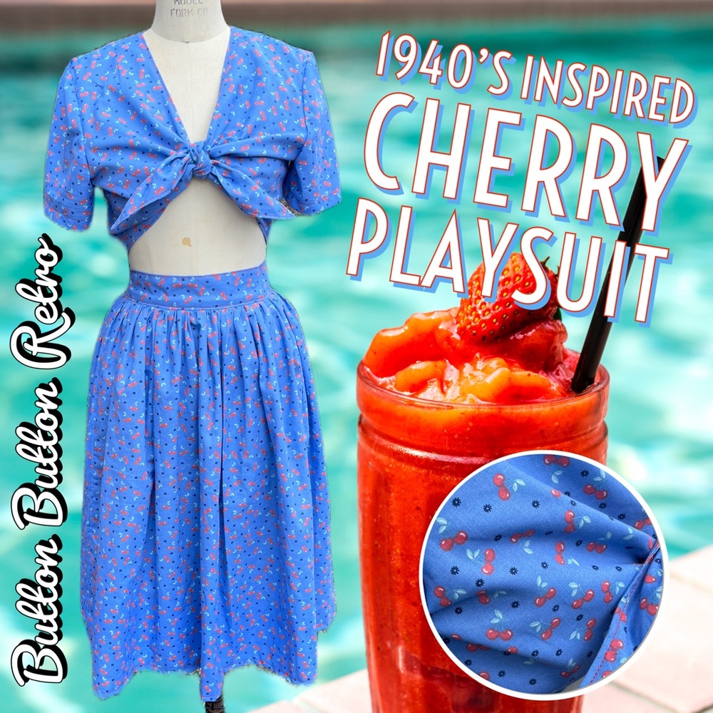 1940’s Inspired Blue Cherries Playsuit Top & Skirt Set with Pockets